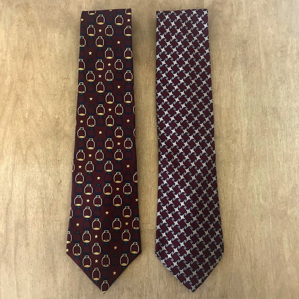 Tommy Hilfiger Mens Silk Tie Lot 2‎ Burgundy Equestrian Stirrup Geometric Stars